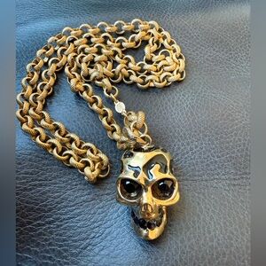 Alexander McQueen Gold-Tone Puzzle Skull Pendant Necklace Black Crystal Eyes